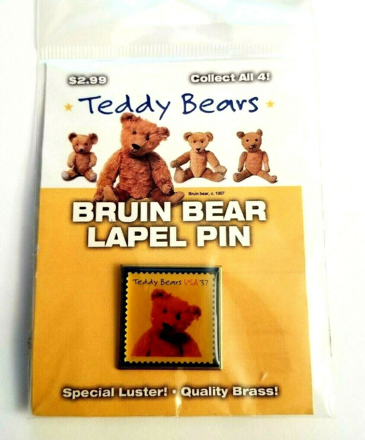 Primary image for USPS Teddy Bears USA 37 Cent Postage Stamp Brass Enamel Bruin Beat Lapel Pin NIP