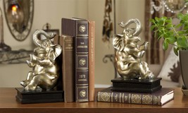 Elephant Bookends Set 9" Golden Color Poly Stone Wild Africa Books Library Gift
