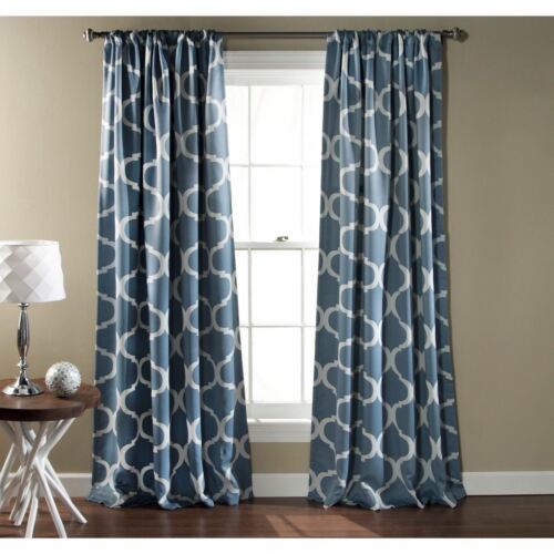 Set 2 Blue White Geometric Trellis Curtains Panels Drapes 84 inch Room