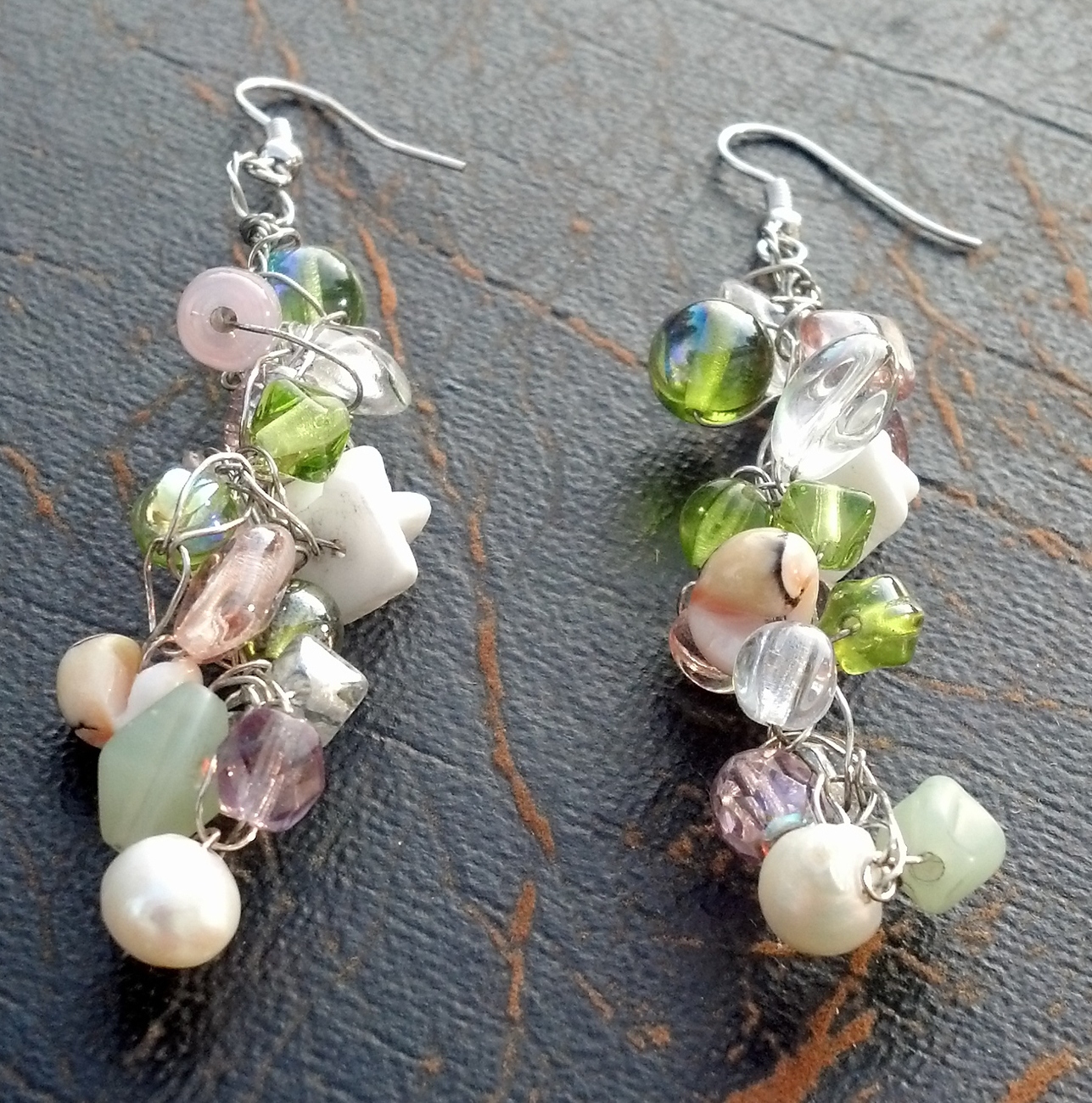 Crochet Wire Earrings With Crystals Shells and Glass Beads Hand Made In