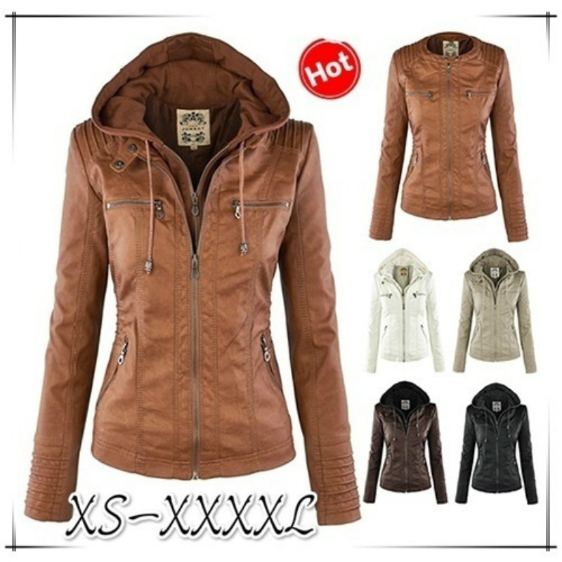 Apricot New Fashion Women Slim Removable Hooded Leather Jackets
