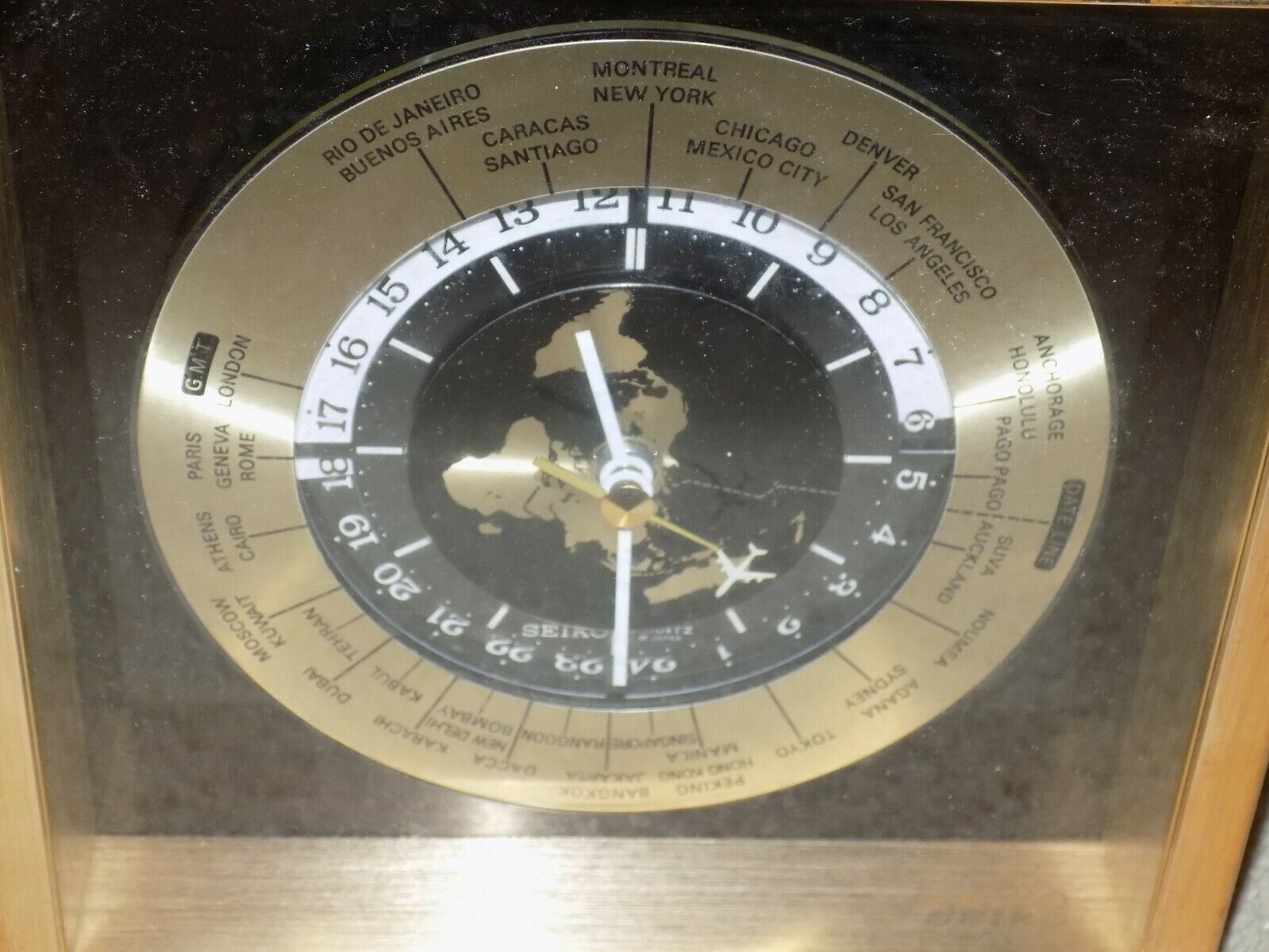 80s SEIKO BRASS QUARTZ WORLD CLOCK International Date Line, Flying