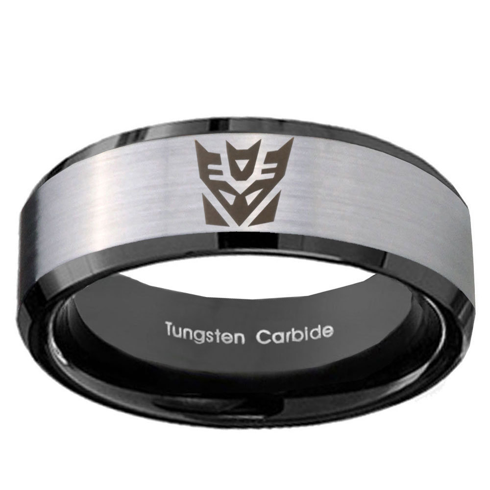 Decepticon Transformers 8mm Black Beveled Tungsten Ring Rings
