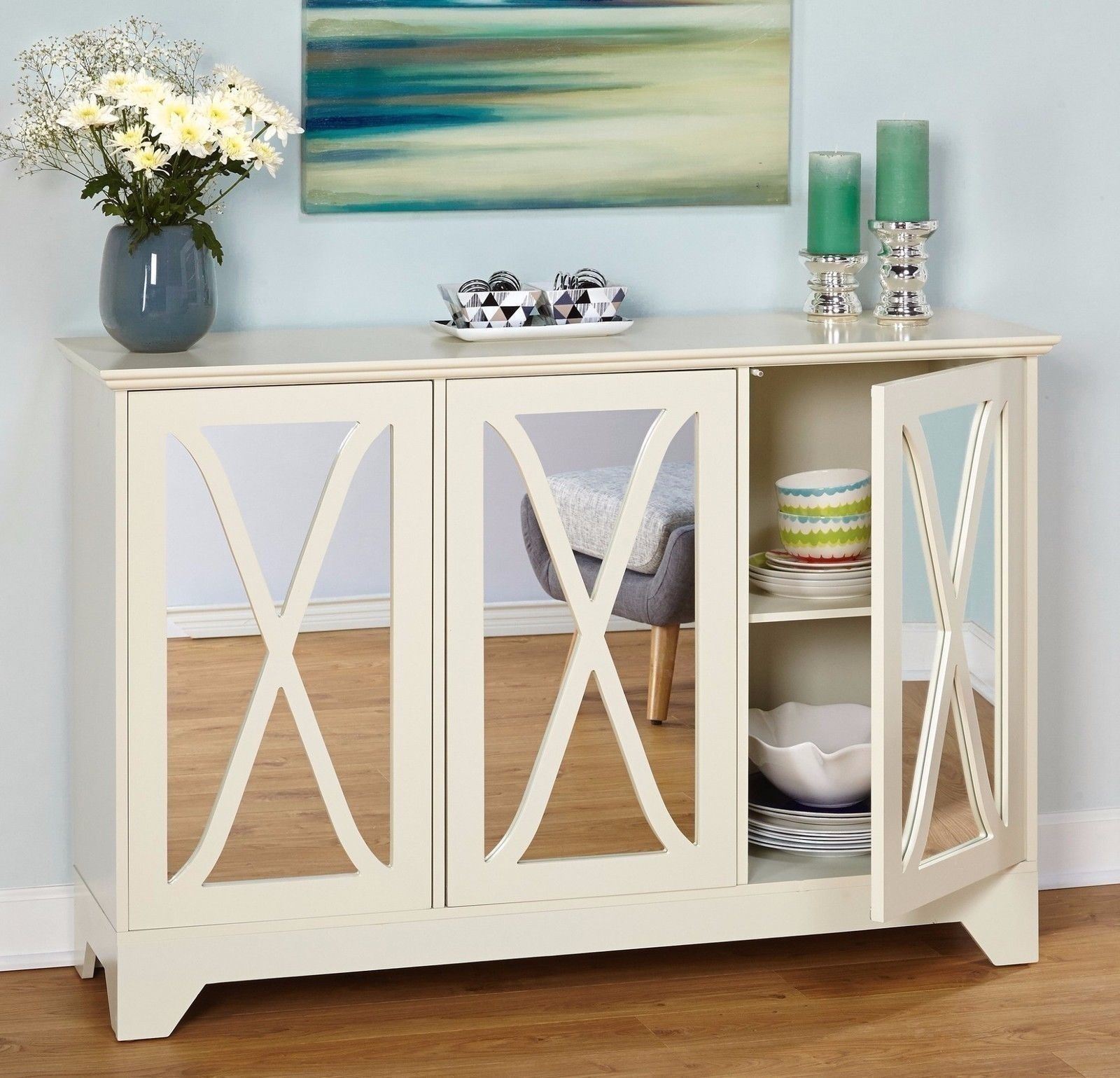 White Wooden Mirror Storage Cabinet China Hutch Sideboard ...