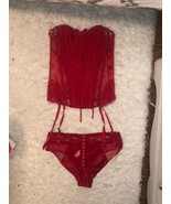 Victoria Secret Sexy Red Luxe Lace Up Corset &amp; Velvet Trim Cheeky Set M-... - $77.22