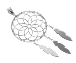 18K WHITE GOLD DREAMCATCHER PENDANT, FEATHER, MADE IN ITALY, 1.8 INCHES, 45 MM image 1