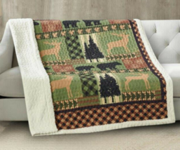 COUNTRYSIDE FOREST GREEN QUILTED SHERPA SOFT THROW BLANKET 50x60 INCH