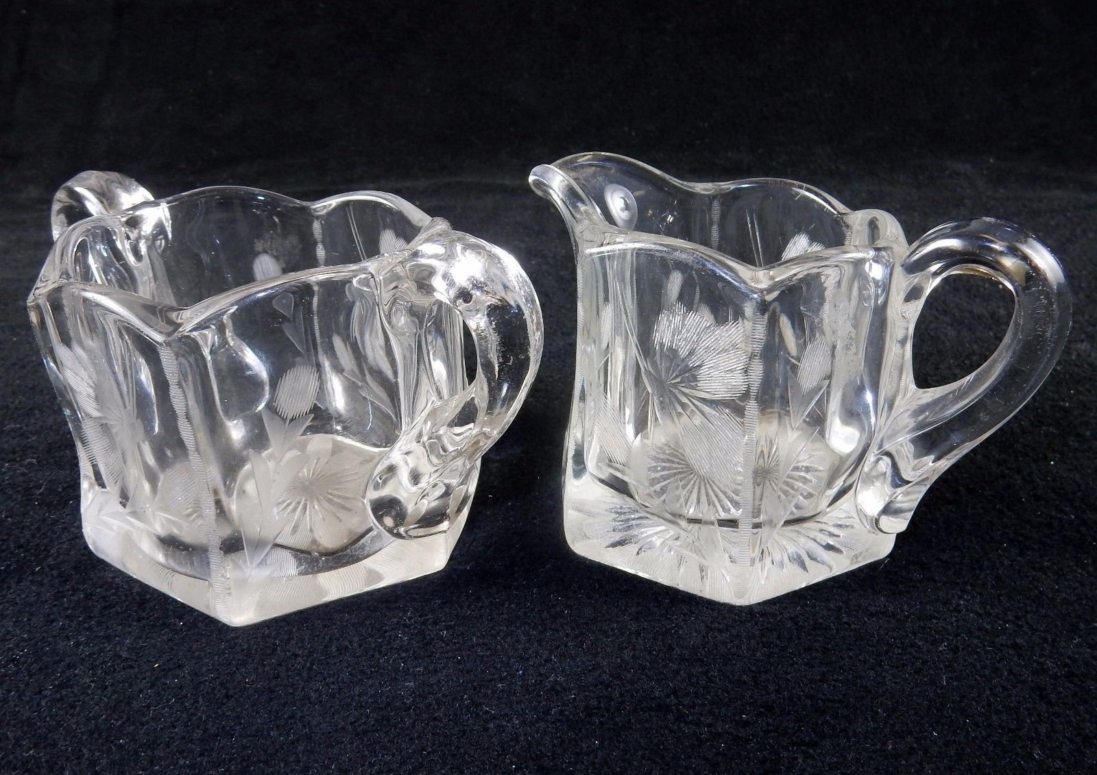 Heavy Paneled Glass Sugar Bowl and Creamer Set with Etched Flower