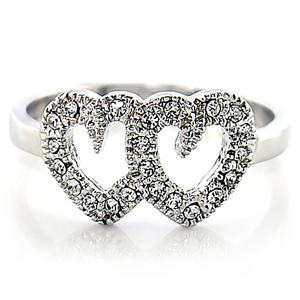 Double Heart Swarovski Crystals Sterling Silver Ring Size 8 - Rings
