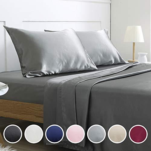 Vonty Satin Sheets Twin Grey Silky Satin Sheet Set, Deep Pocket Fitted