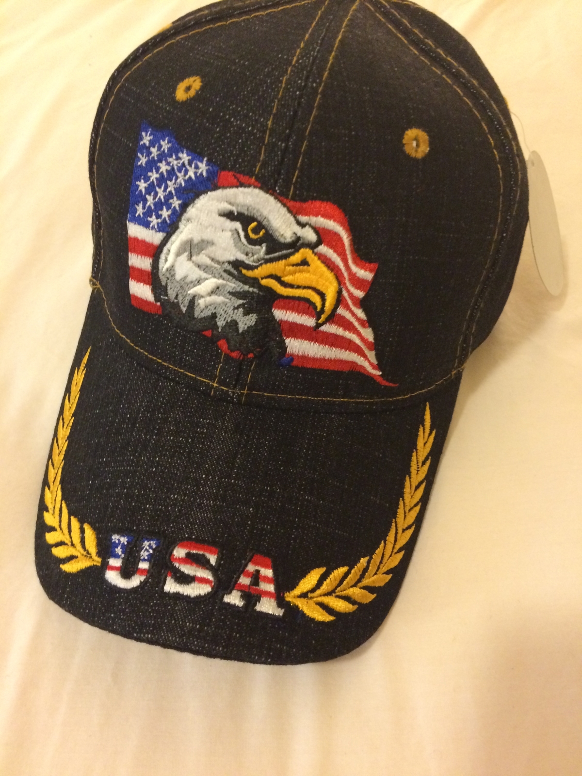 USA Flag, & Eagle on a new blue denim ball cap w/gold trim Other