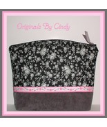 Pink And Gray Pewter Roses Floral Cosmetic Bag Interior Brush Pockets Large - $30.00