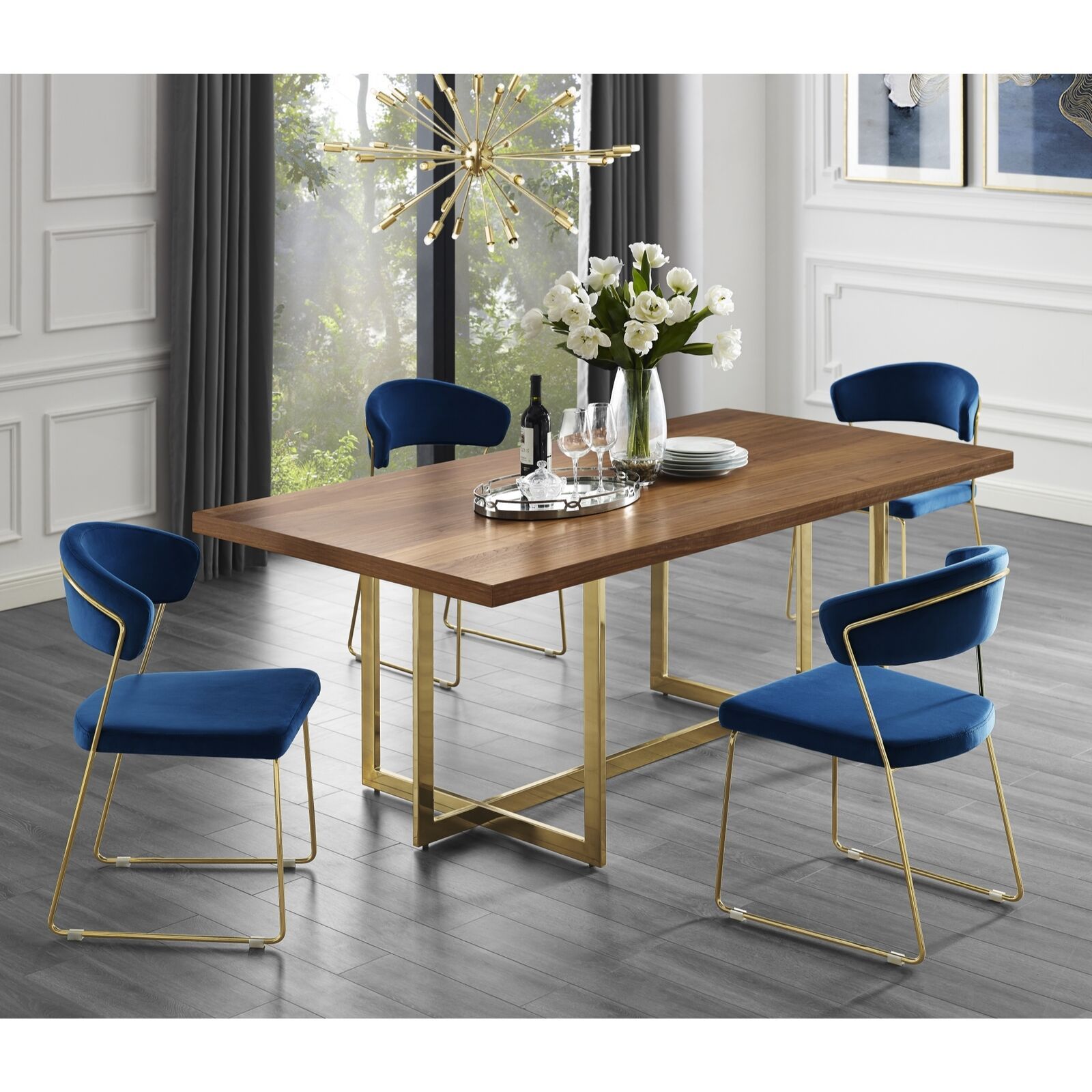 Wood Veneer Top Dining Room Table Modern Metal Base - Tables