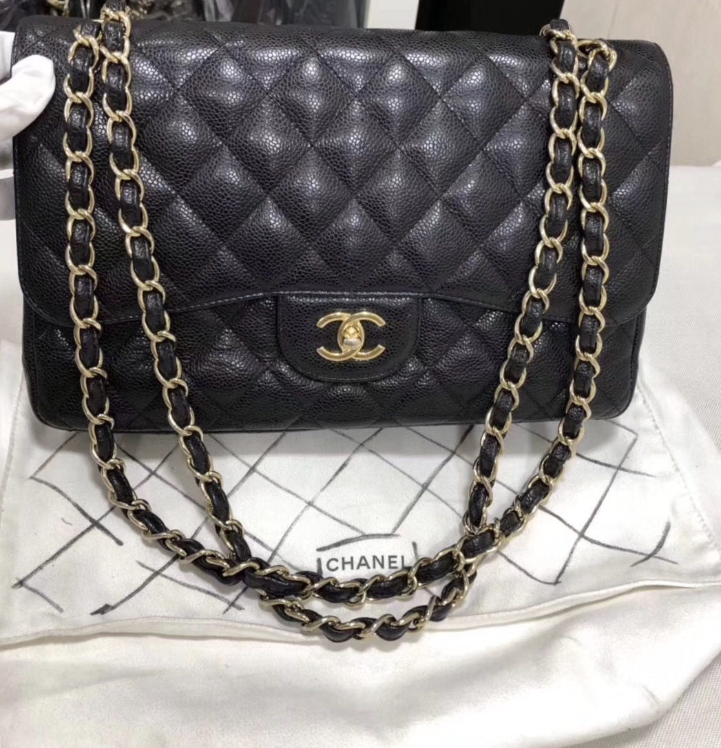 AUTHENTIC CHANEL BLACK CAVIAR QUILTED JUMBO DOUBLE FLAP BAG GHW ...