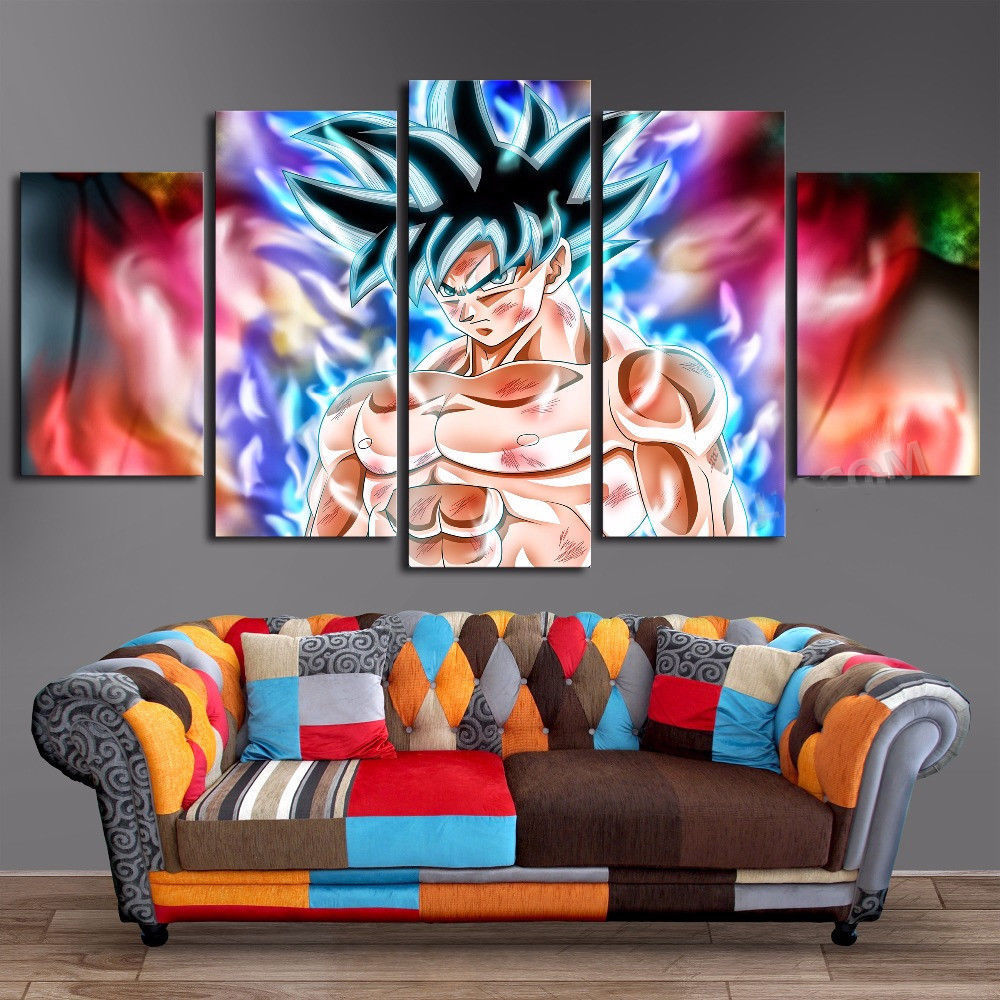 Framed 5 Panels Anime Dragon Ball Goku Lighting Canvas Art Wall Art