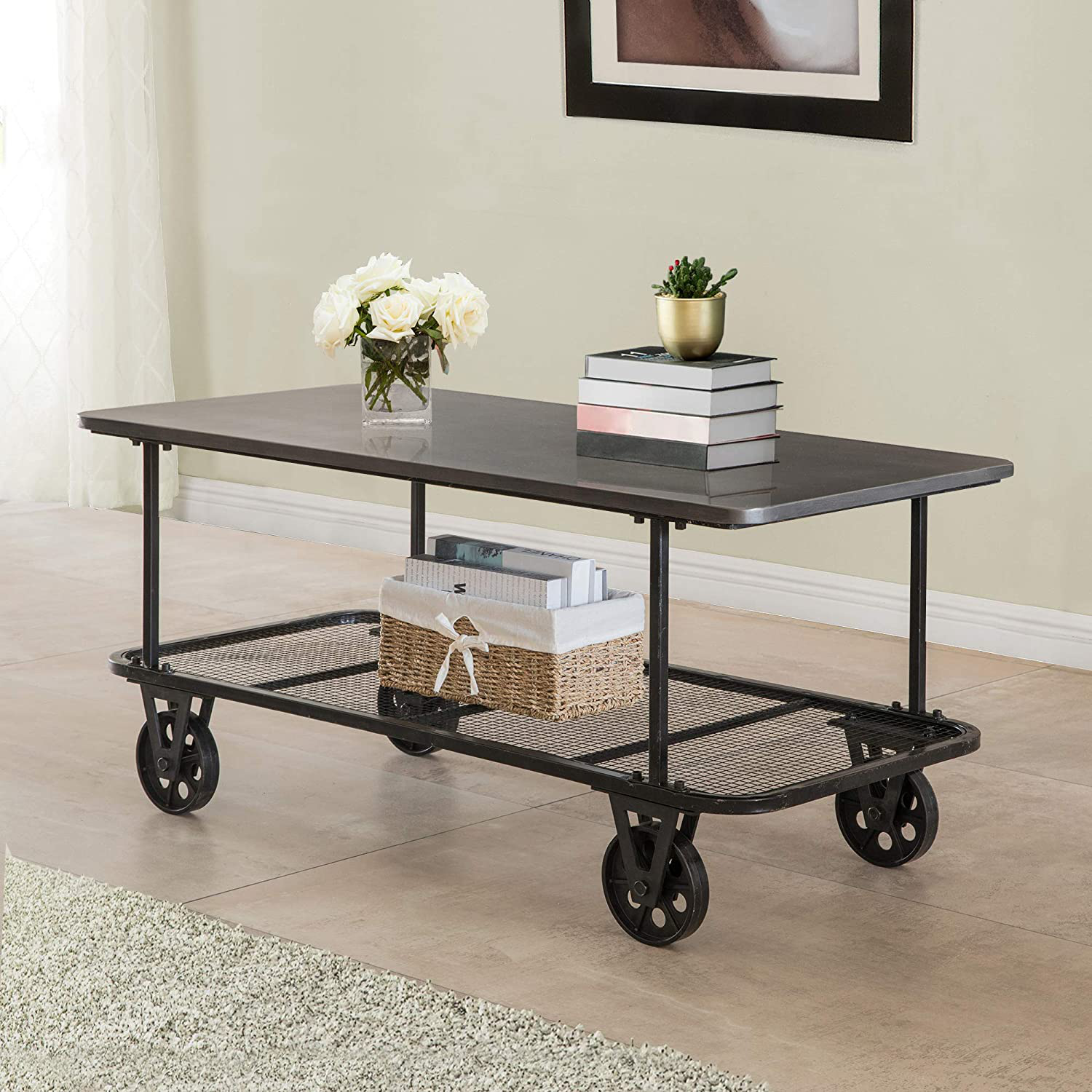 Industrial Coffee Table Cart Metal Wheels Rustic Vintage Living Room