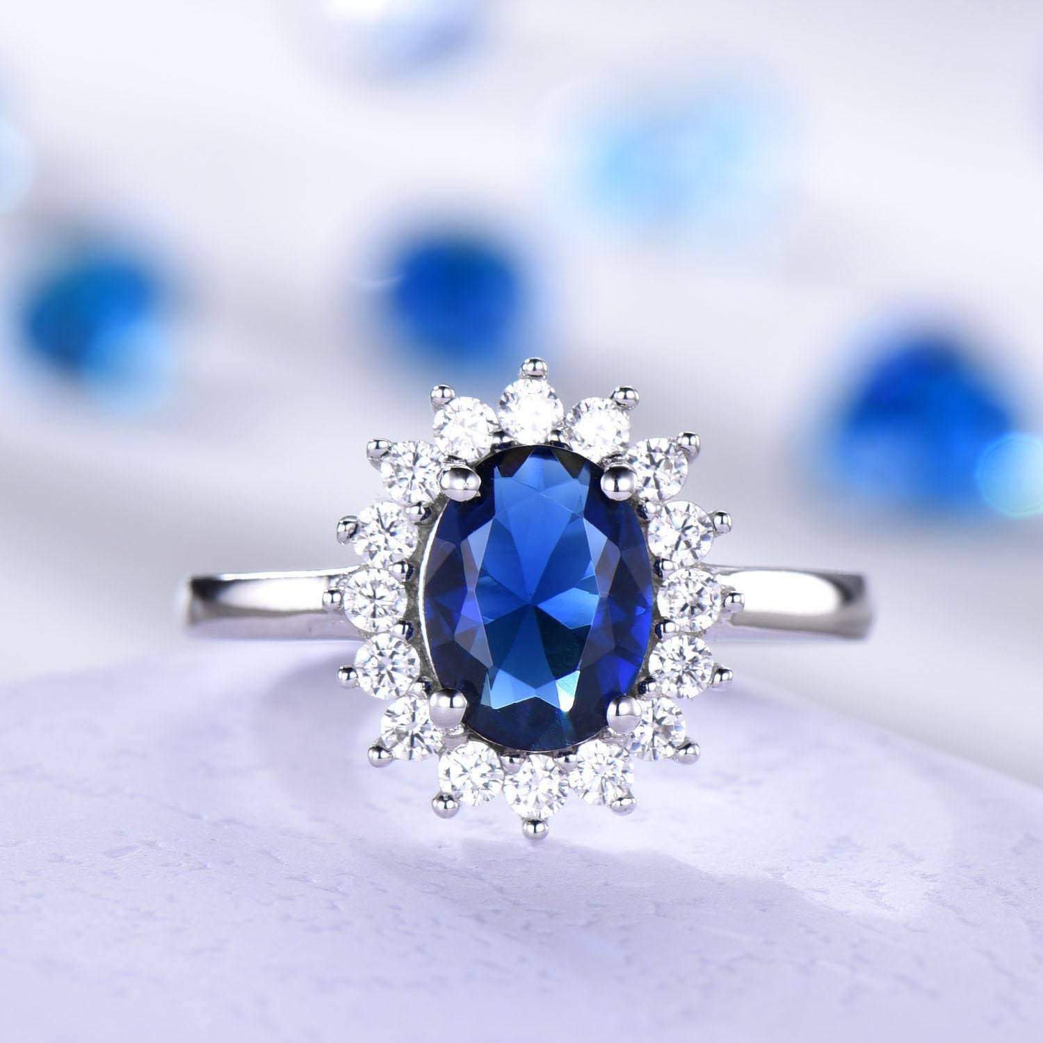 Primary image for Vintage blue sapphire ring CZ diamond exquisite engagement ring white gold band 
