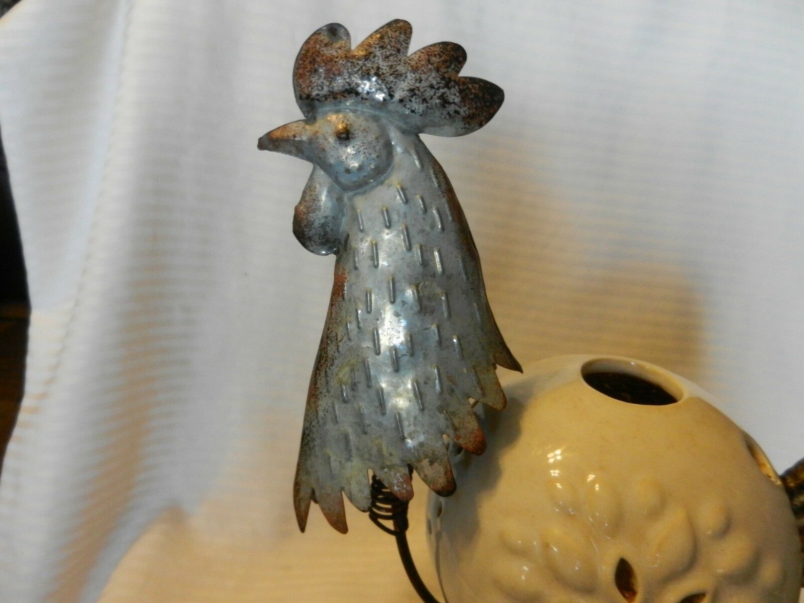 Hand Made Metal & Ceramic Rooster Tea Light Candle Holder Silver and