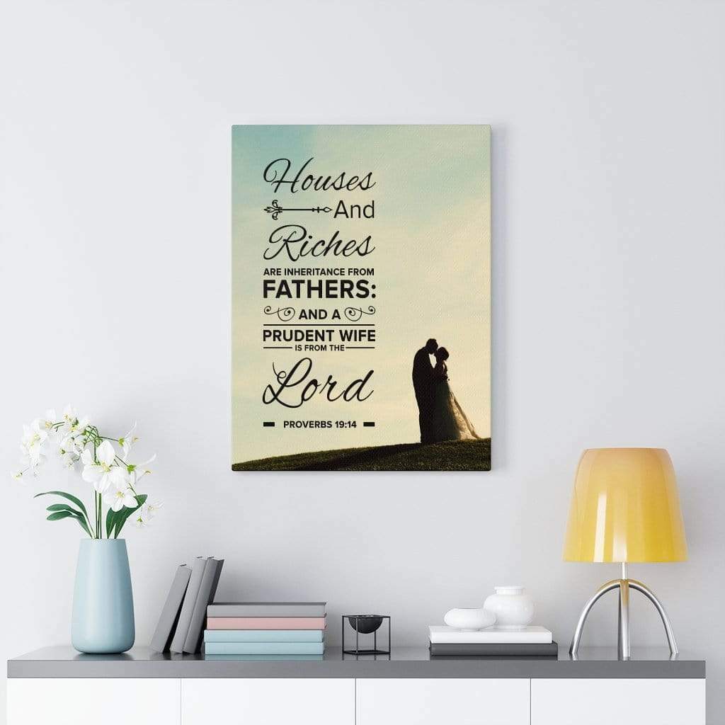 Proverbs 19 14 bible verse message printed on ready to hang stretched