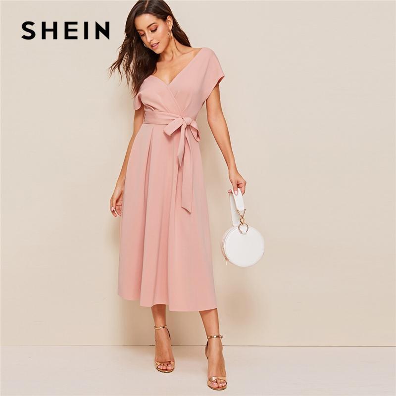 SHEIN Zipper Back Surplice Neck Belted Flare Dress Elegant Women Summer ...