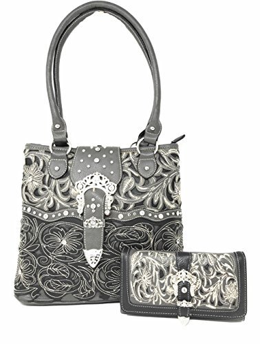 Western Rhinestone Buckle Concealed Carry Floral Womens Tote Handbag/Wallet Set