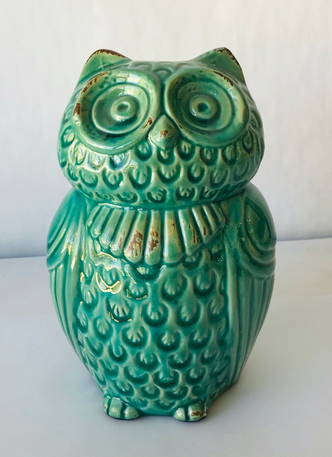 Ceramic Owl Turquoise Blue Glaze Distressed Art Pottery Decor Figurine