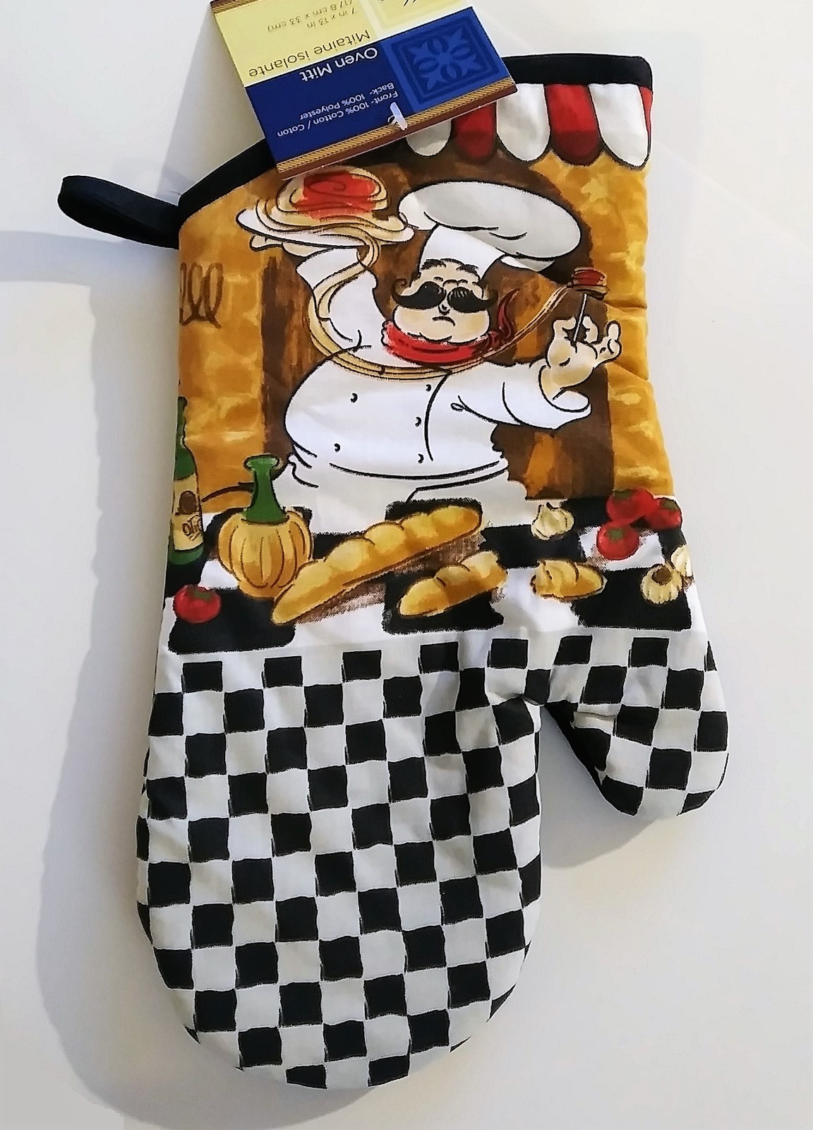 FAT CHEF OVEN MITT SET 3pc Oven Mitt Potholders Italian Cook Black Trim