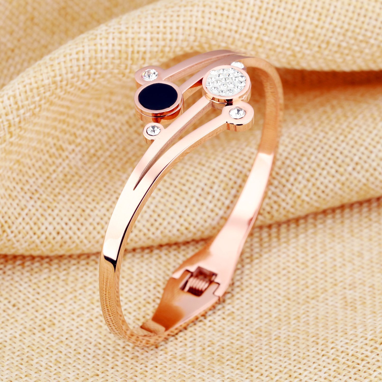 Stainless Steel 18K Rose Gold Plated Cuff Golden Zircon Bracelet 6.69