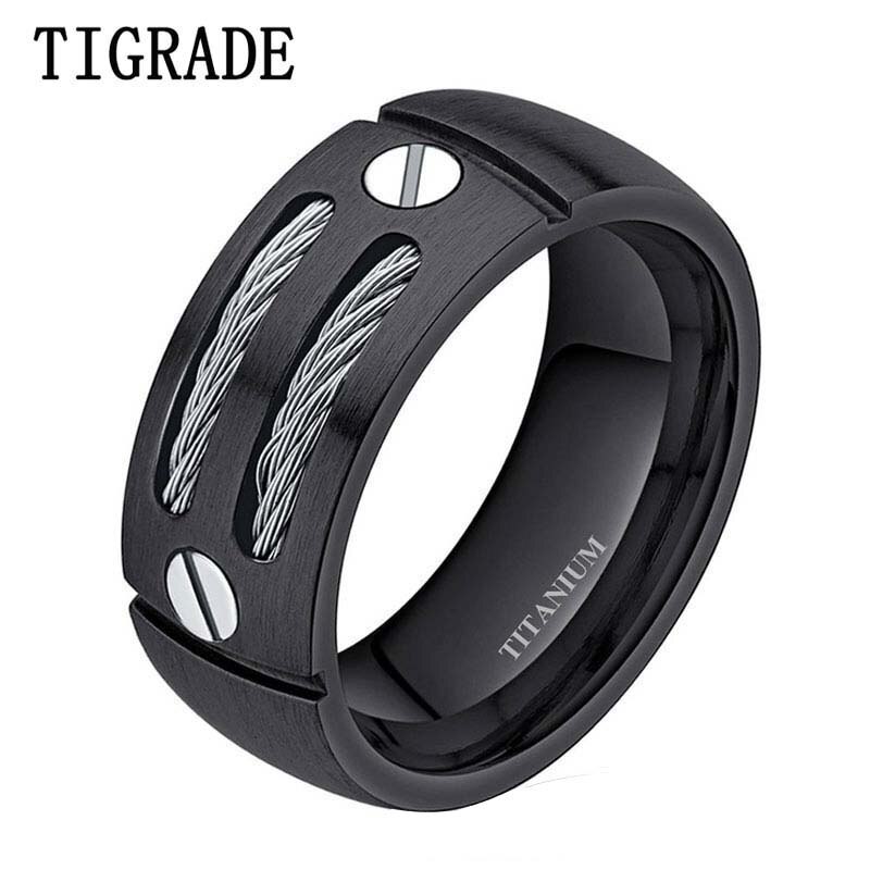 TIGRADE 8mm Black Men Punk Titanium Ring Stainless Steel Cables  Engagement Ring