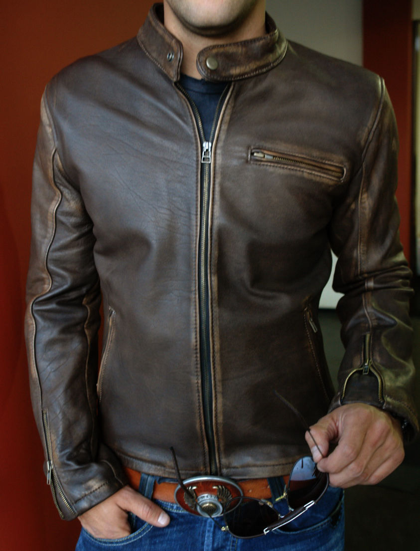 Image of Genuine Leather Jacket Distressed Brown Cafe Vintage Motorcycle Brand All Size