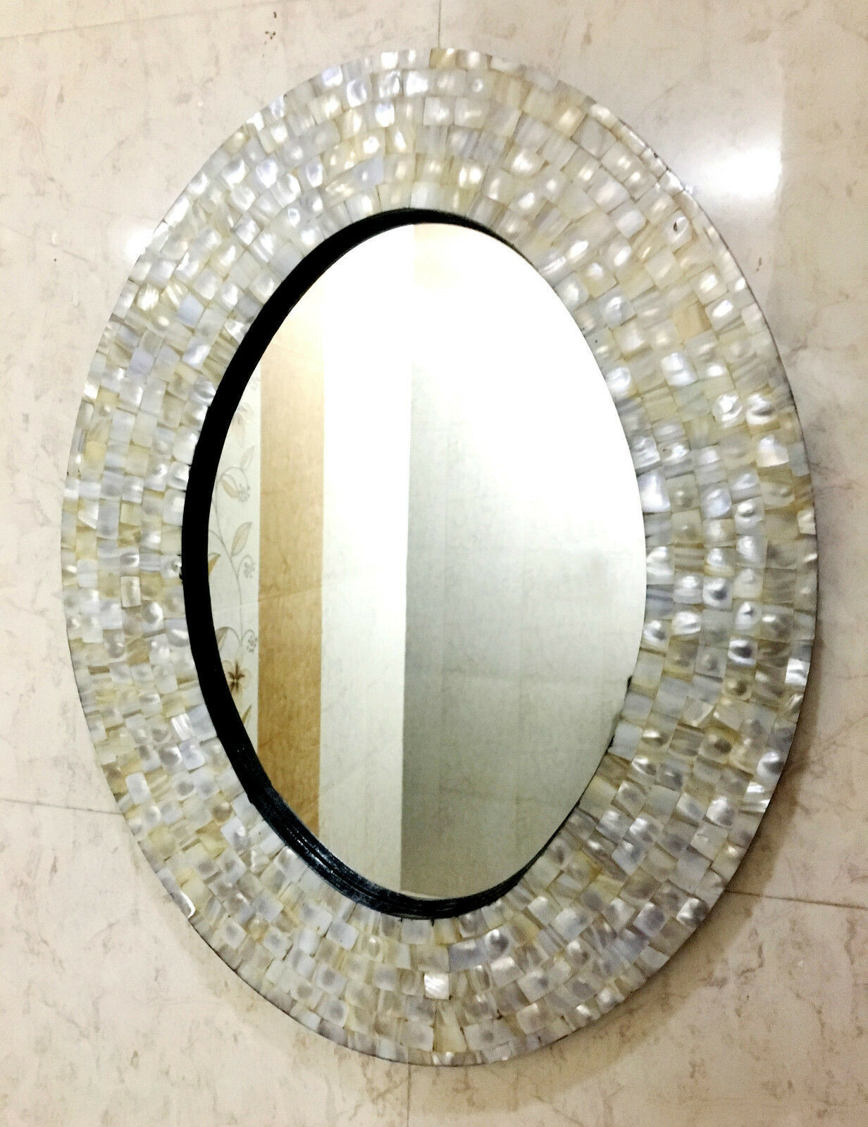 Mother Of Pearl Oval Mirror Frame Handmade Round Wall Hanging Mirror