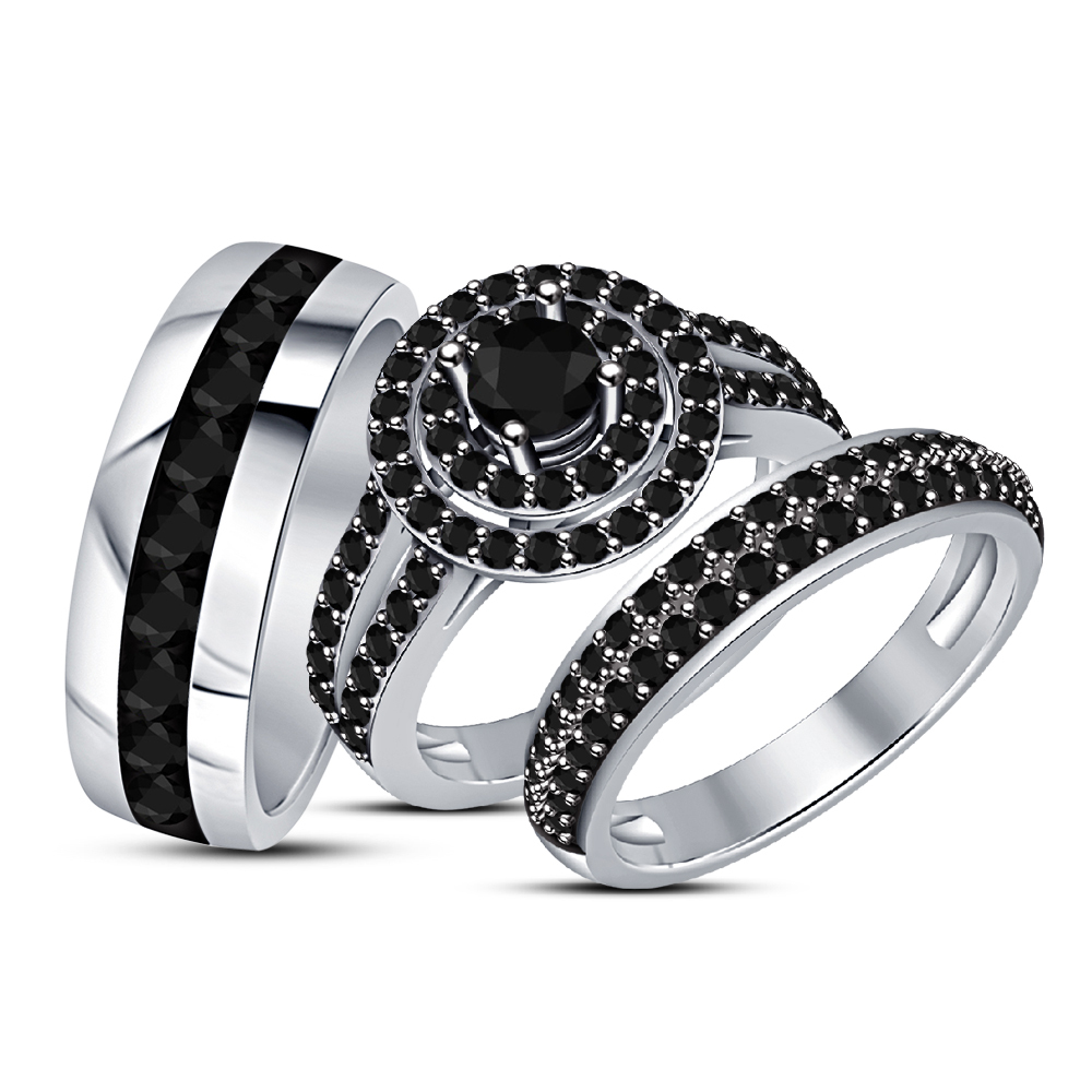  Bride  And Groom  Round Black Simulated Diamond Trio  Ring  