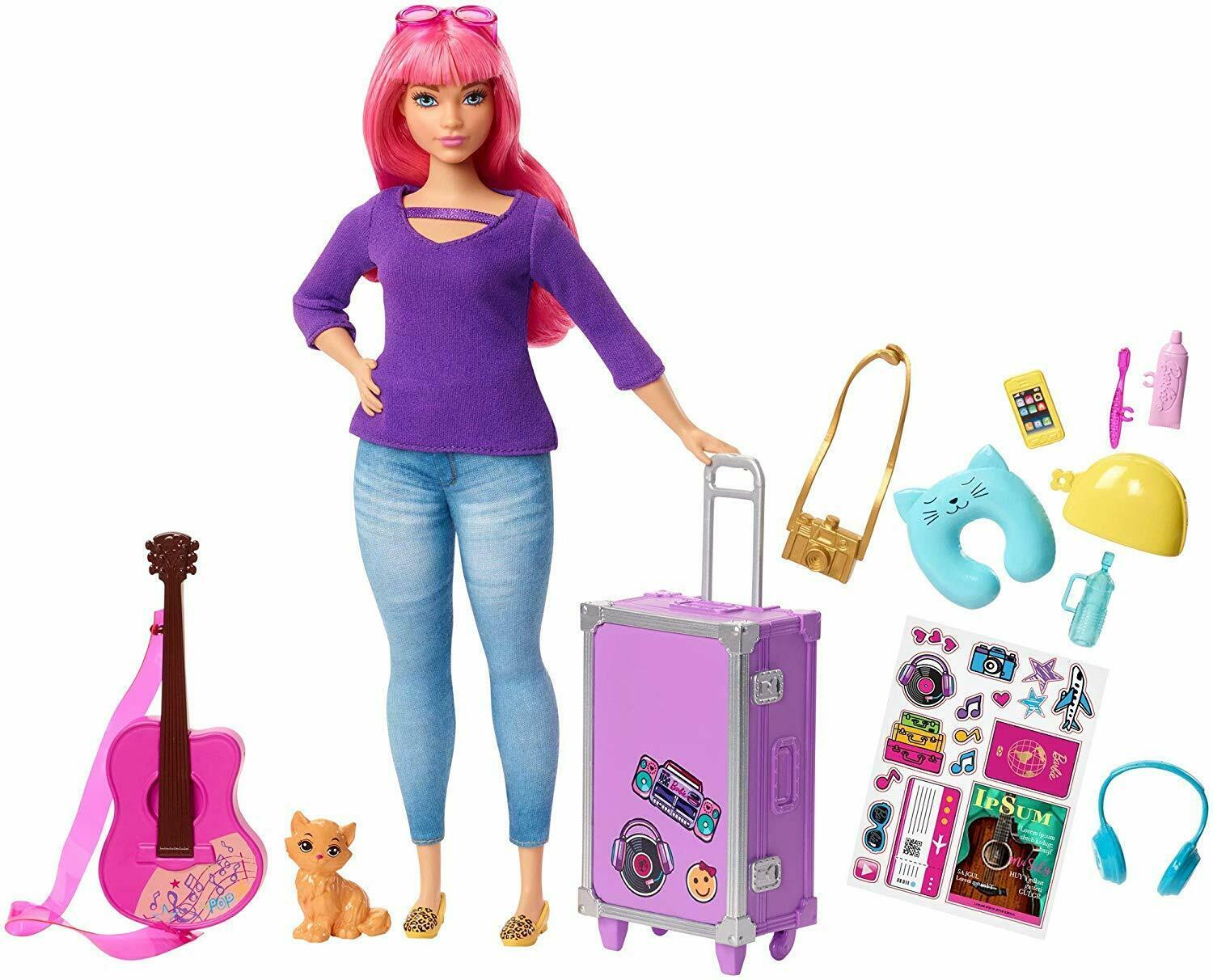 Barbie Doll Daisy Let's Of Travel With Kitten, Luggage, Guitar And 9 Accessories