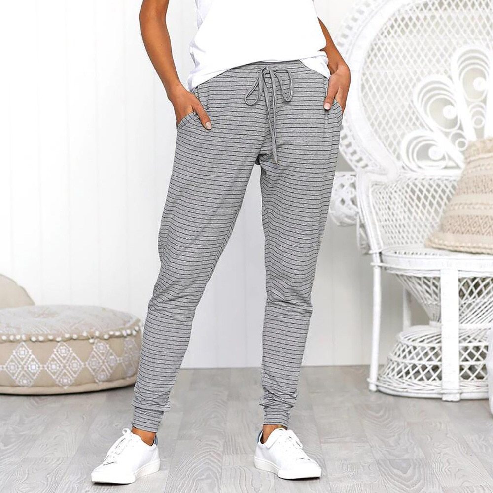 Women Stripe Linen Cotton Loose Pants Drawstring Casual Slack Trouser ...