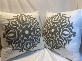 Decorative Embroidered Floral Medallion Ivory And Gray 16” Square Pillow... - $35.99