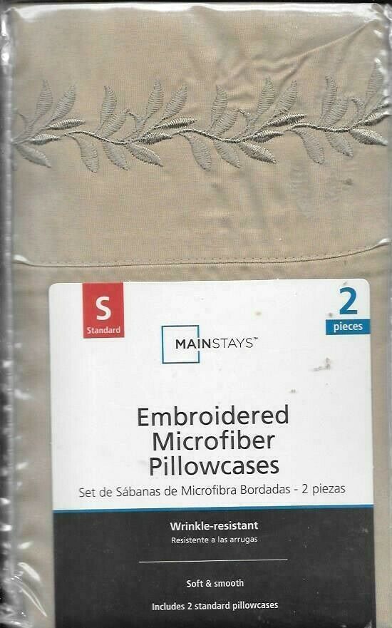 Primary image for Mainstays Microfiber Pillowcases Standard 20x32 Beige w Embroidered Design NIP