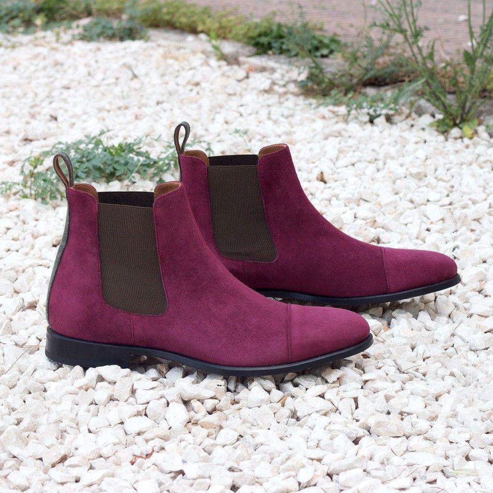Purple Chelsea Jumper Slip Ons Handmade Suede Leather High Ankle Men Boots