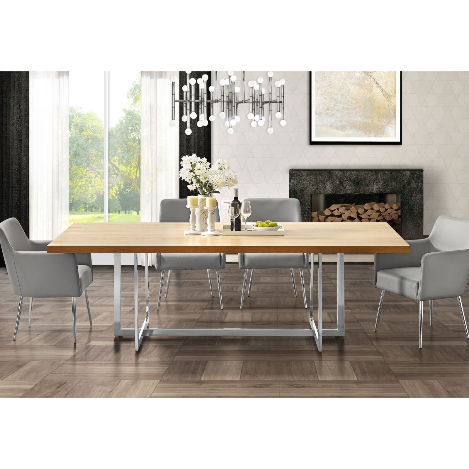 Wood Veneer Top Dining Room Table Modern Metal Base Tables