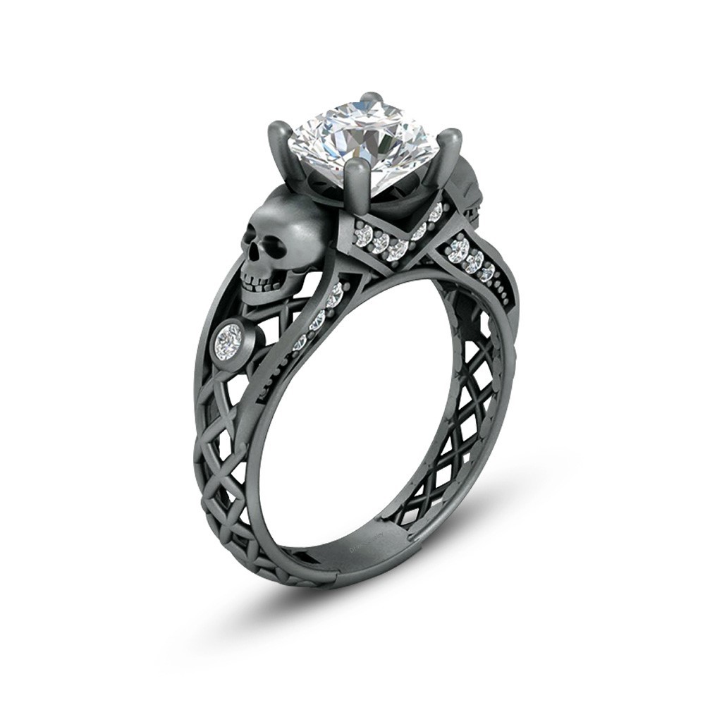 Round Cut Approx 2.25cttw Diamond Skull Engagement Ring 925 Silver Gun Metal Fn