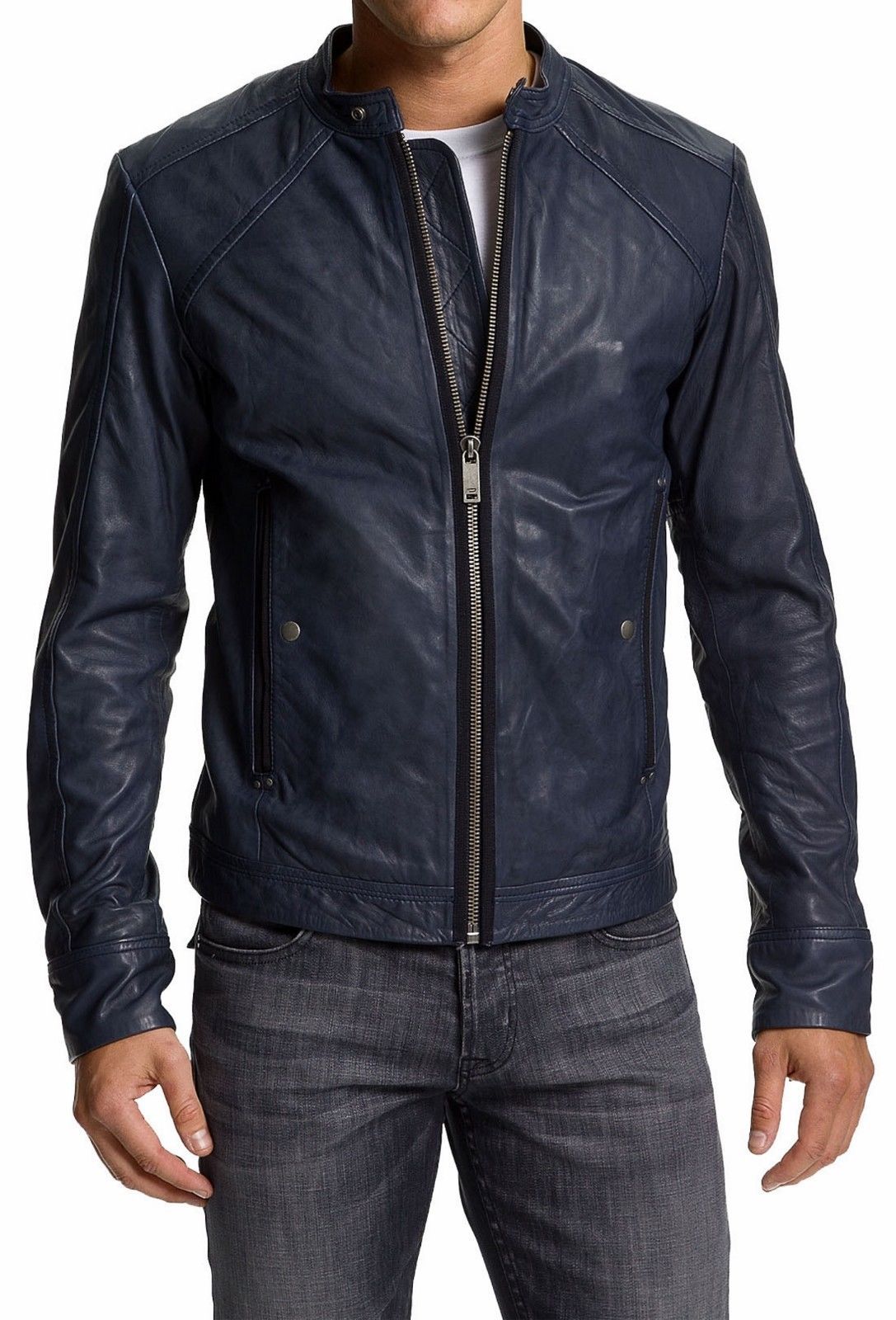 Mans navy blue slimfit jacket, Mens leather jacket, Leather jackets for ...