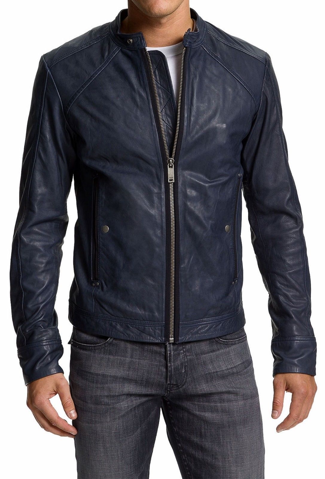 Mans navy blue slimfit jacket, Mens leather jacket, Leather jackets for