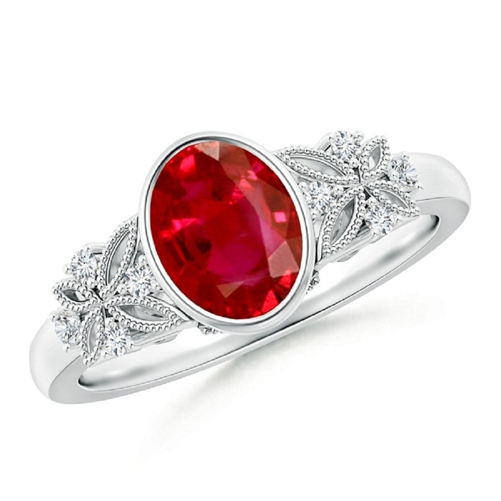 Oval Shape Red Ruby & CZ Diamond 14K White GP Engagement Wedding Ring