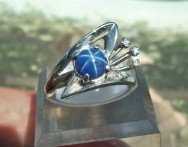 Vintage 10k White Gold Blue Star Sapphire &amp; Diamond Ladies Ring Size 5.5 - $222.75