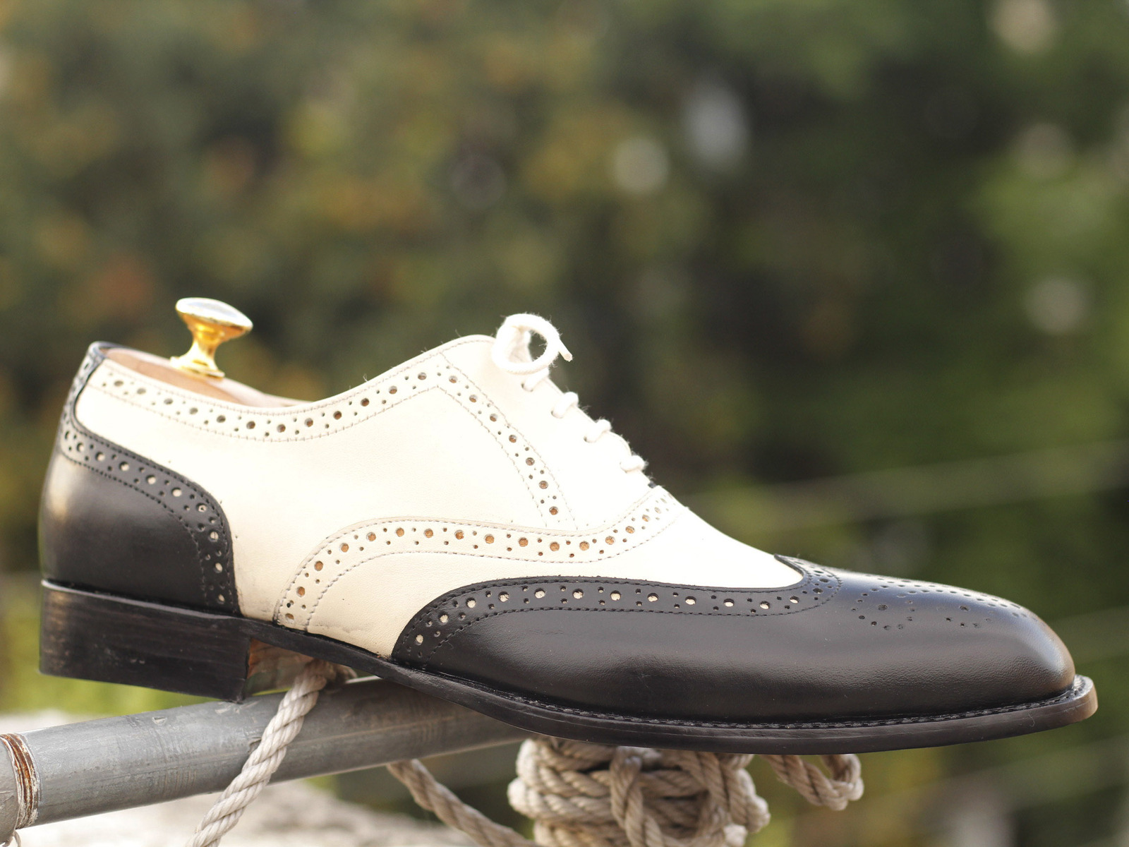 Handmade Men's Black & White Wing Tip Brogue Leather Shoes, Men ...
