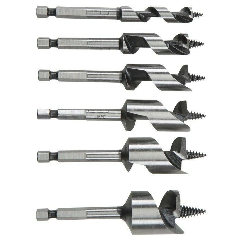 6 Pc Stubby Short Auger Bit Set Hex Shank 1/4, 3/8, 1/2, 5/8, 3/4, & 1