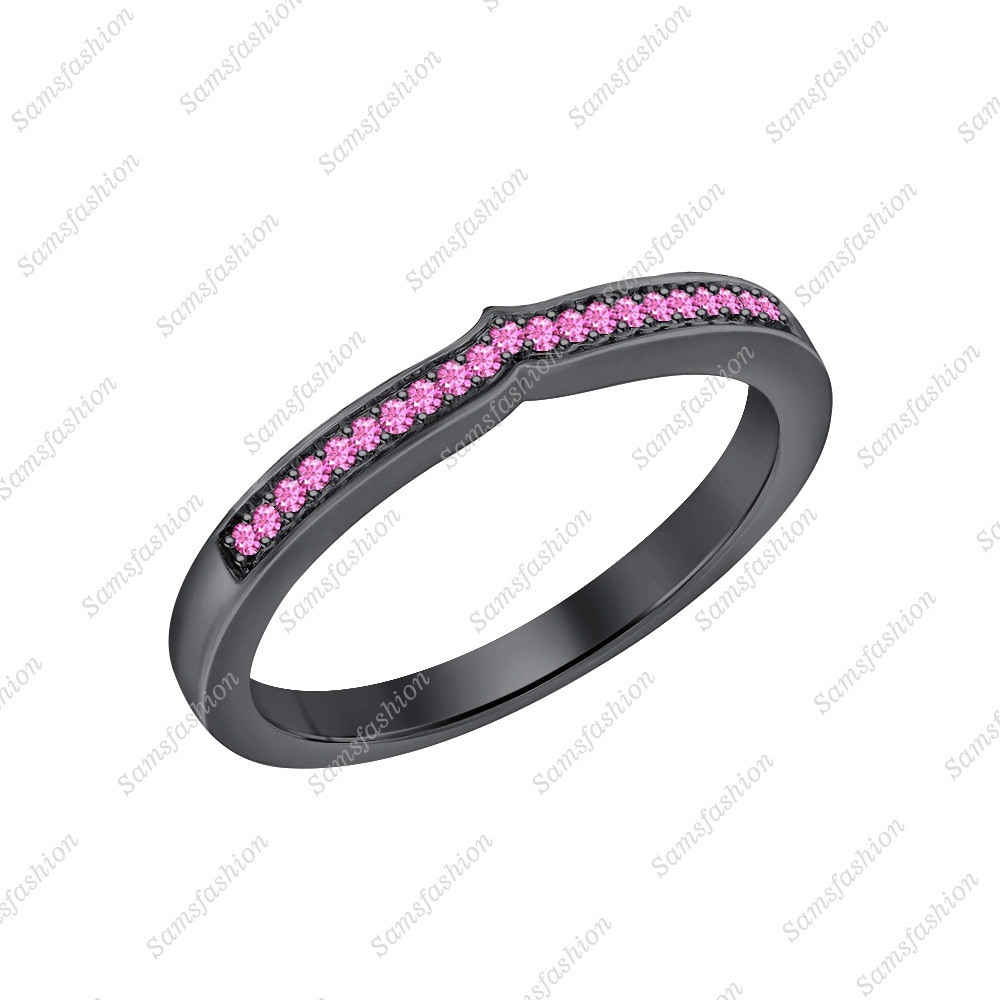 Round Pink Sapphire 14k Black Gold Over Curved Half Eternity Wedding Band Ring