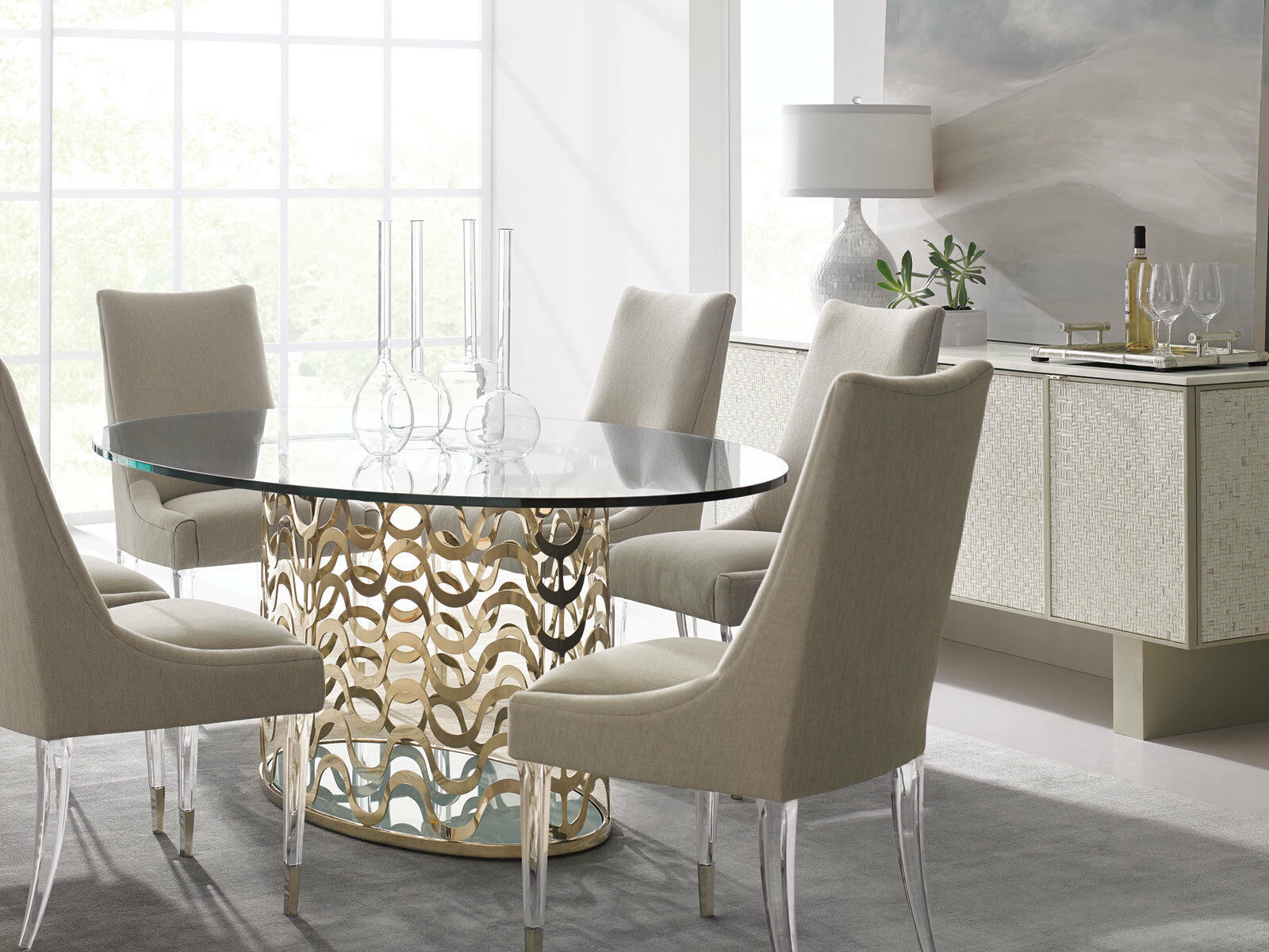 LOUIS 7 pieces Modern Dining Room Set - GOLD Oval Glass Top Table