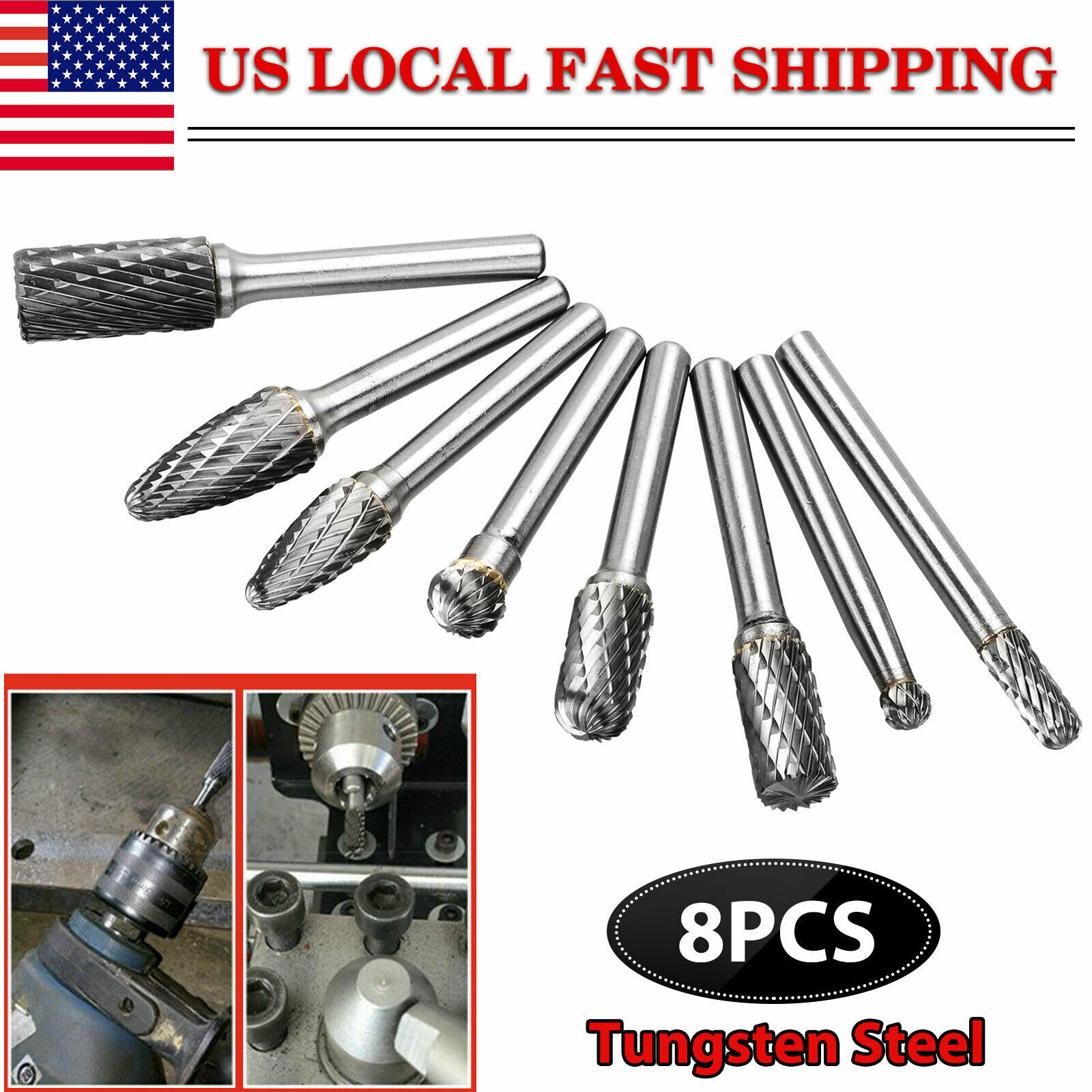 8 Pcs Tungsten Carbide Burrs Rotary Burr Set Head 1/4"" Shank Die