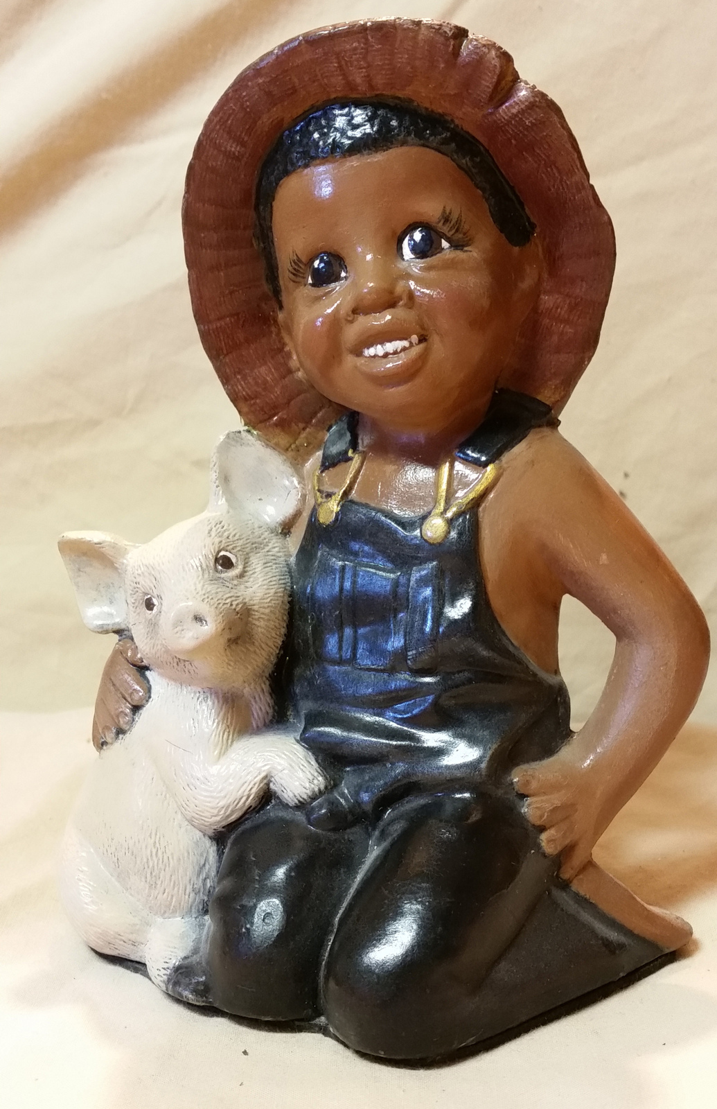 Little Farm Boy with his pig African/Black American, Ceramic Figurine