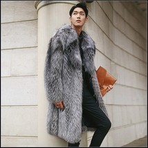Wild Silver Gray Siberian Coyote Wolf Faux Fur Unisex Executive Long Coat Jacket